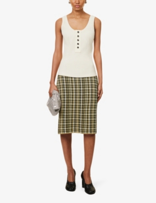 Shop Bottega Veneta Womens Yellow Khaki Black Low-rise Check Linen-blend Midi Skirt
