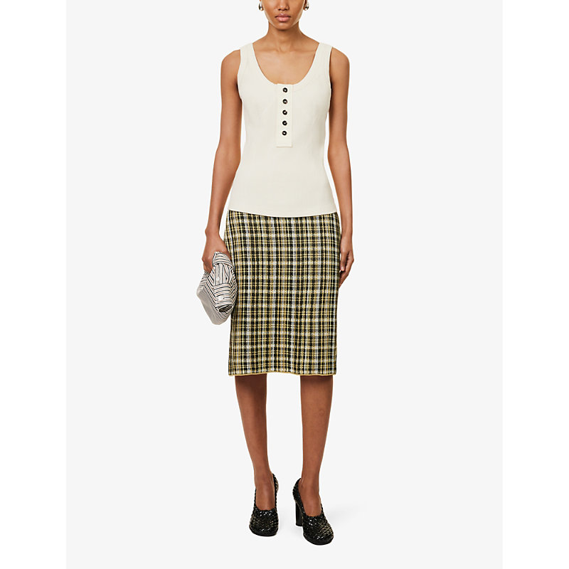 Shop Bottega Veneta Women's Yellow Khaki Black Low-rise Check Linen-blend Midi Skirt