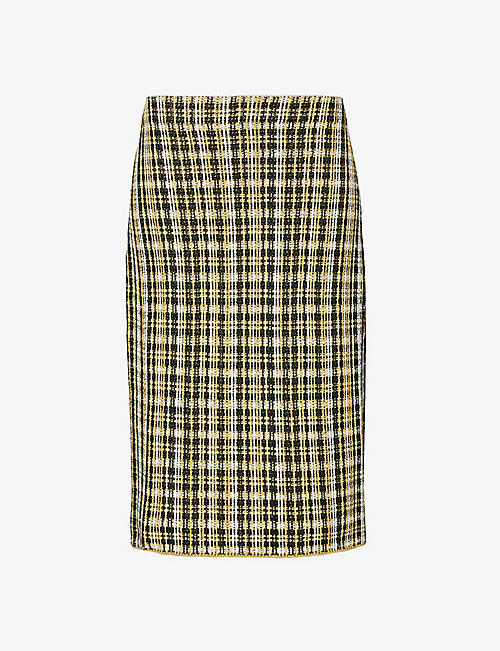 BOTTEGA VENETA: Low-rise check linen-blend midi skirt