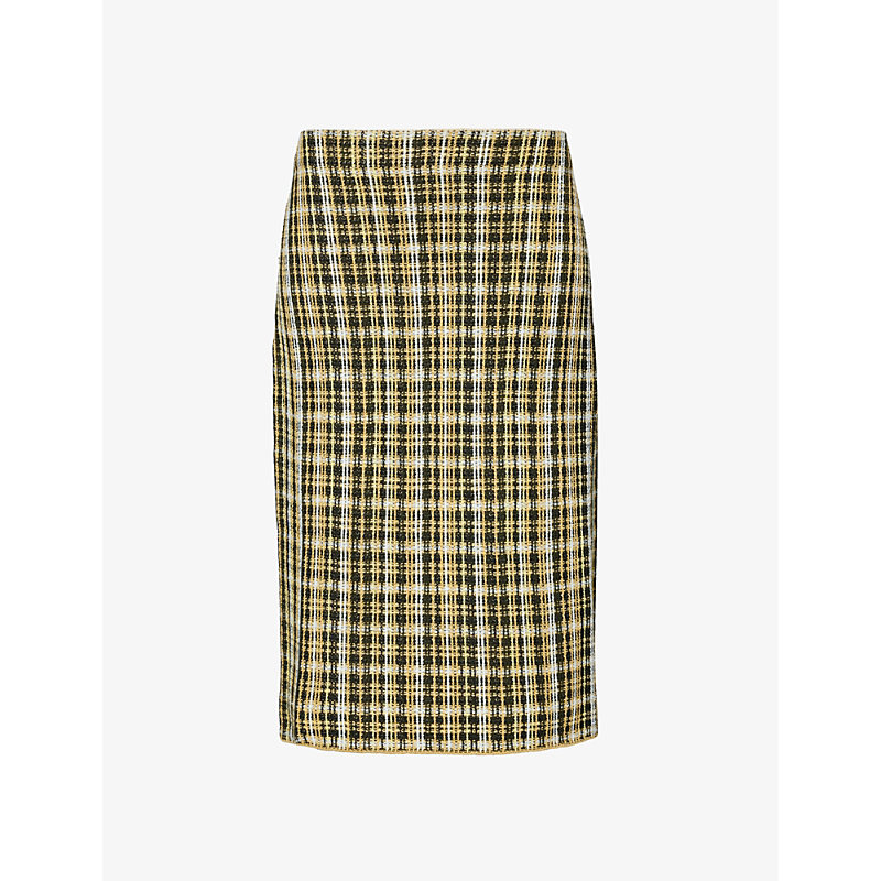 Bottega Veneta Womens Yellow Khaki Black Low-rise Check Linen-blend Midi Skirt
