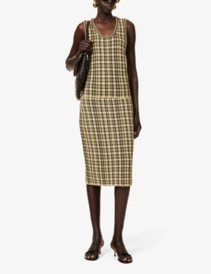 Shop Bottega Veneta Women's Yellow Khaki Black Check-pattern Linen-blend Top