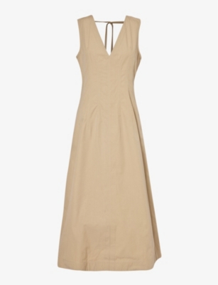Shop Bottega Veneta Women's Sand Plunge-neck Flared-hem Cotton-blend Maxi Dress