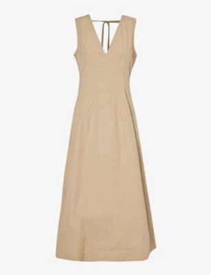 BOTTEGA VENETA BOTTEGA VENETA WOMEN'S SAND PLUNGE-NECK FLARED-HEM COTTON-BLEND MAXI DRESS