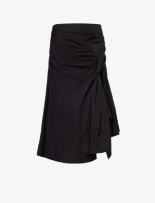 Shop Bottega Veneta Women's Off Black Ruched-overlay Cotton-blend Poplin Technical Midi Skirt