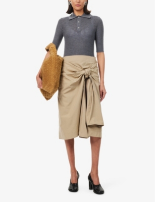 Shop Bottega Veneta Women's Sand Ruched-overlay Cotton-blend Poplin Technical Midi Skirt