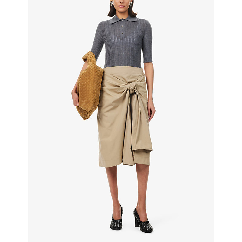 Shop Bottega Veneta Women's Sand Ruched-overlay Cotton-blend Poplin Technical Midi Skirt