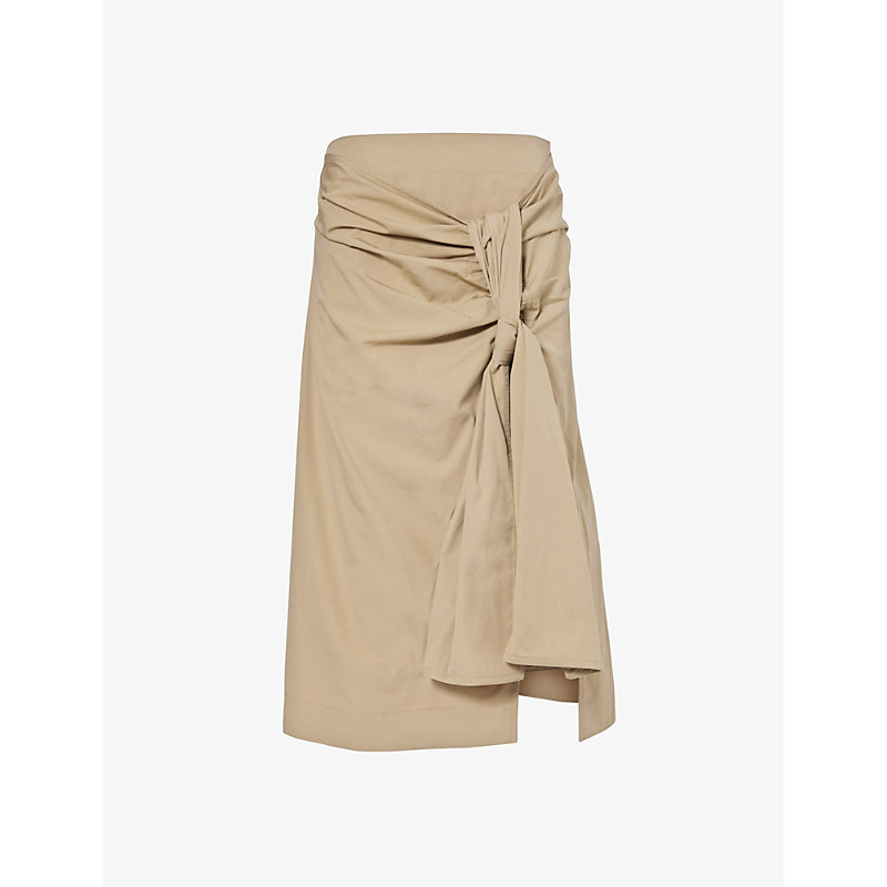 Shop Bottega Veneta Ruched-overlay Cotton-blend Poplin Technical Midi Skirt In Sand