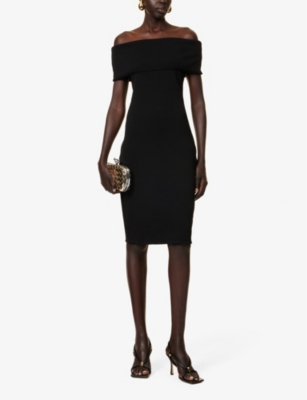 Shop Bottega Veneta Off-shoulder Stretch-woven Midi Dress In Black