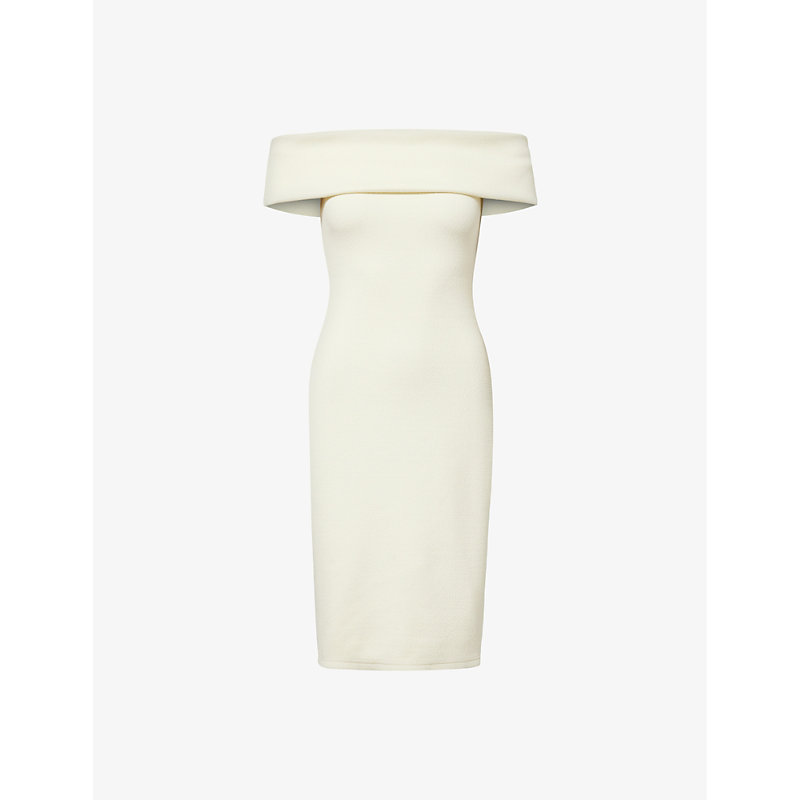 Shop Bottega Veneta Off-shoulder Stretch-woven Midi Dress In Pastry
