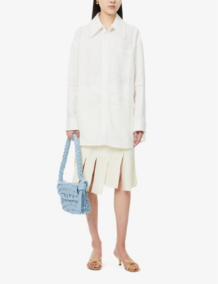 Shop Bottega Veneta Womens Chalk Embellished-collar Relaxed-fit Linen Shirt