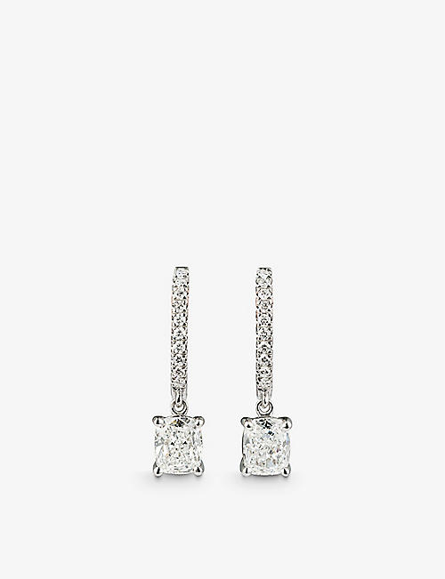 THE DIAMOND LAB: Platinum and 2.26ct cushion-cut diamond drop earrings