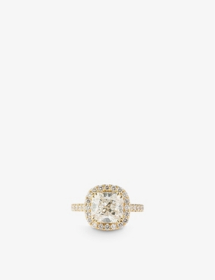 THE DIAMOND LAB: Halo 18ct yellow-gold and 3.62ct cushion-cut diamond ring