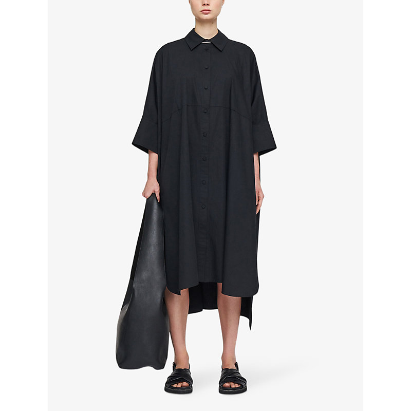 Shop Joseph Dania Button-down Cotton Poplin Midi Dress In Black
