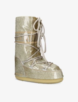 Moon Boot Gold Kids's Icon Glitter-embellished Woven Snow Boots Eur 31 / 12.5 Uk In Gold