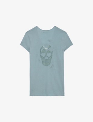 Shop Zadig & Voltaire Zadig&voltaire Women's Glacier Story Fishnet Skull Embroidered-motif Cotton T-shirt