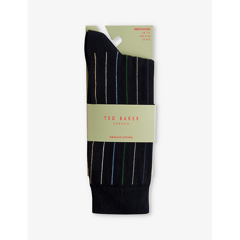 Shop Ted Baker Sokkthr Stripe-embroidered Stretch-cotton Socks In Navy