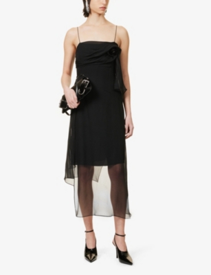 Shop Givenchy Women's Black Rose-embellished Square-neck Silk Midi Dress