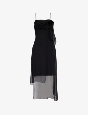 Givenchy Womens Black Rose-embellished Square-neck Silk Midi Dress
