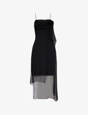 Givenchy Womens Black Rose-embellished Square-neck Silk Midi Dress In Black