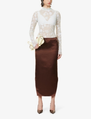 Shop Givenchy Womens Moka Brown High-rise Asymmetric-hem Silk Midi Skirt