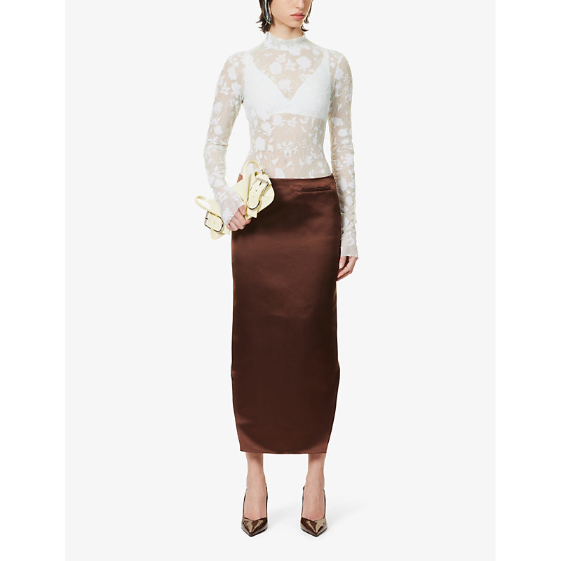 Shop Givenchy Women's Moka Brown High-rise Asymmetric-hem Silk Midi Skirt