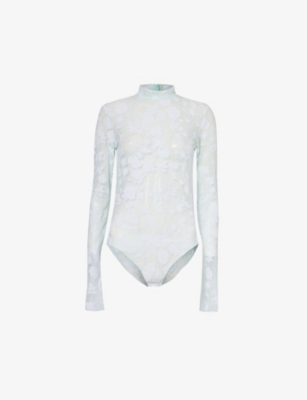 Givenchy Womens Green White Floral-pattern High-neck Mesh Body