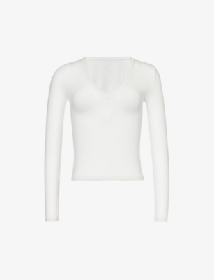 Adanola Womens White V-neck Ribbed Cotton-blend Top