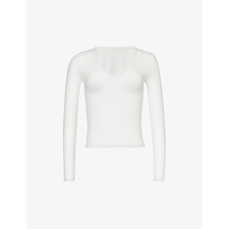 Adanola Womens White V-neck Ribbed Cotton-blend Top