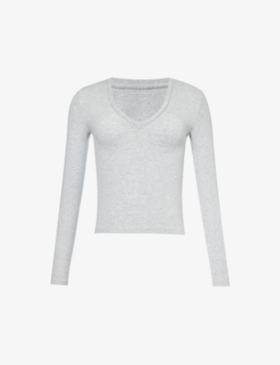 Adanola Womens Grey Melange V-neck Ribbed Cotton-blend Top