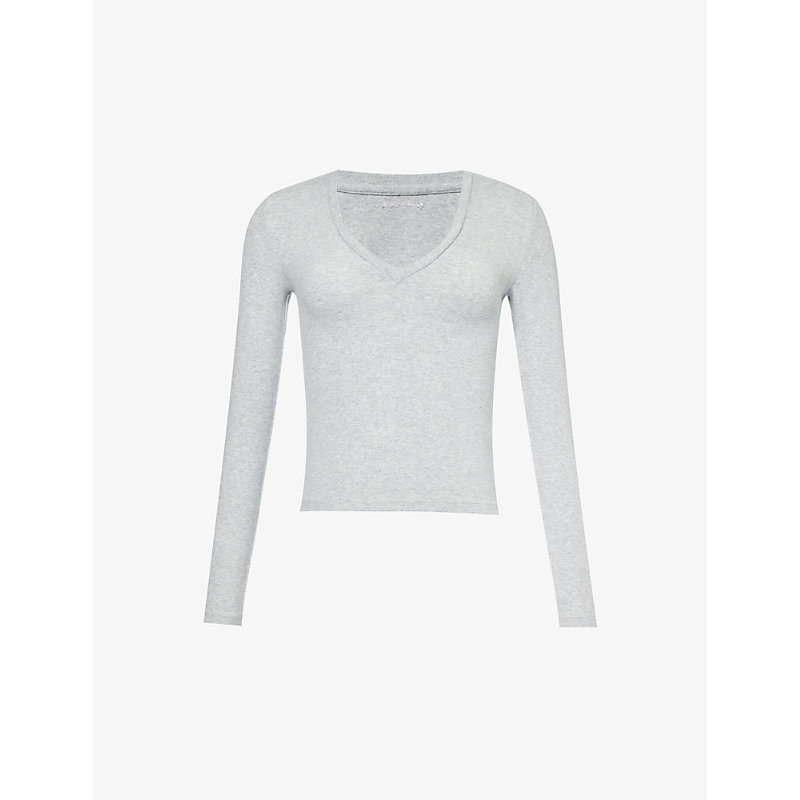 Adanola Womens Grey Melange V-neck Ribbed Cotton-blend Top