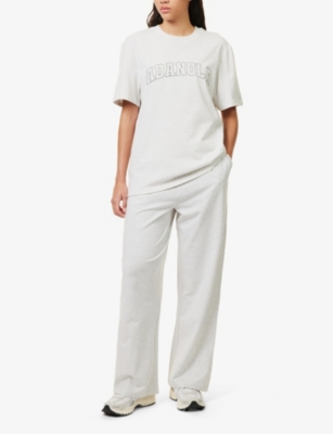 Shop Adanola Women's Grey Melange Brand-embroidered Wide-leg Cotton-blend Jogging Bottoms