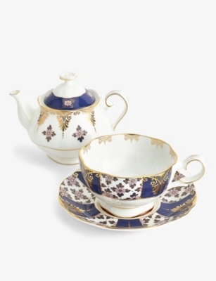 ROYAL ALBERT 100 YEARS OF ROYAL ALBERT 1900 REGENCY BLUE TEA FOR ONE FINE BONE CHINA THREE-PIECE TEA SET 