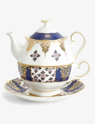 ROYAL ALBERT: 100 Years of Royal Albert 1900 Regency Blue Tea for One fine bone china three-piece tea set
