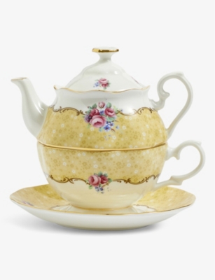 ROYAL ALBERT: 100 Years of Royal Albert 1990 Bouquet Tea for One fine bone china three-piece tea set