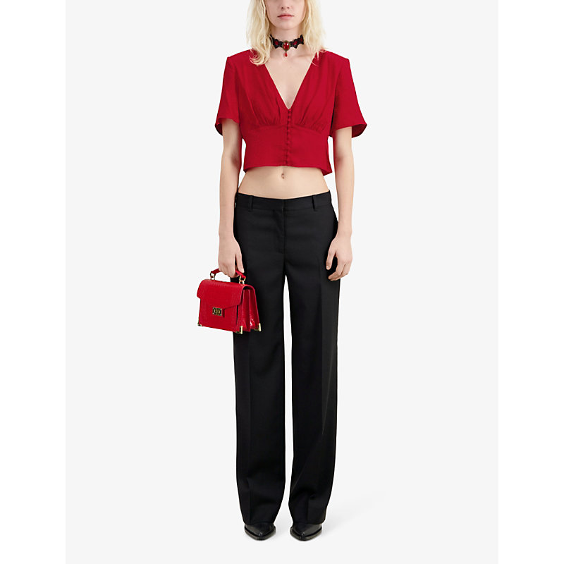 Shop The Kooples Jacquard-dot V-neck Woven Top In Oriental Red