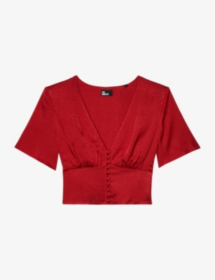Shop The Kooples Women's Oriental Red Jacquard-dot V-neck Woven Top