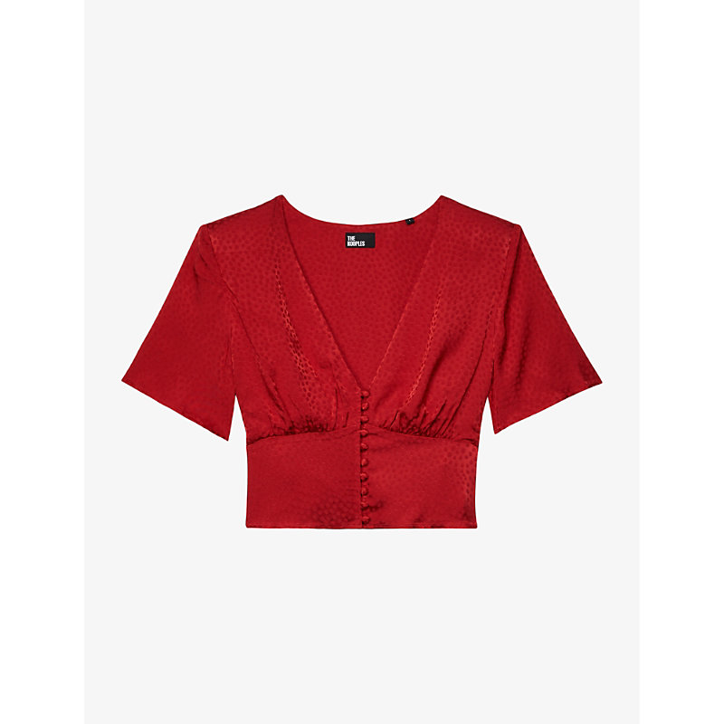 Shop The Kooples Jacquard-dot V-neck Woven Top In Oriental Red