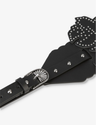 Shop The Kooples Womens Black Flower-insert Stud-embellished Leather Belt