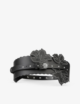 Shop The Kooples Women's Black Flower-insert Stud-embellished Leather Belt