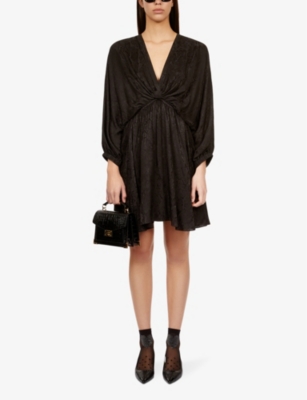 Shop The Kooples Women's Black Jacquard-print Elasticated-waist Silk Mini Dress