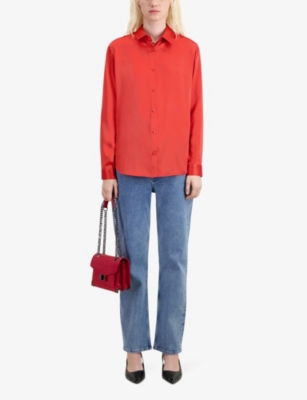 Shop The Kooples Women's Red Brique Classic-collar Relaxed-fit Silk Shirt