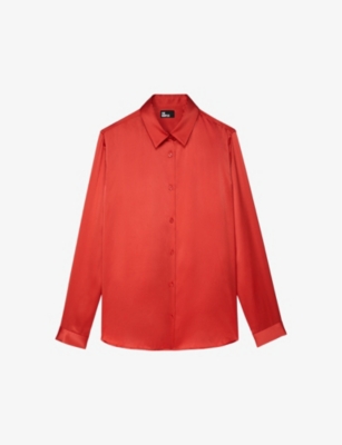 Shop The Kooples Women's Red Brique Classic-collar Relaxed-fit Silk Shirt