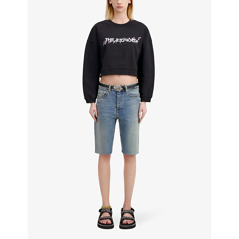 Shop The Kooples Womens Black Logo-print 'what Is?' Rhinestone-embellished Cotton Sweatshirt