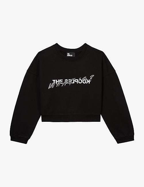 THE KOOPLES: Logo-print 'What is?' rhinestone-embellished cotton sweatshirt