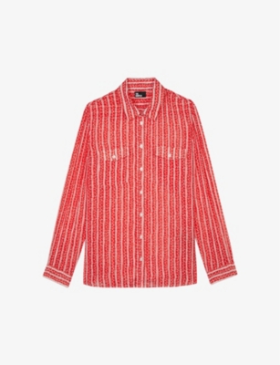 Shop The Kooples Women's Red White Graphic-print Long-sleeve Woven Shirt