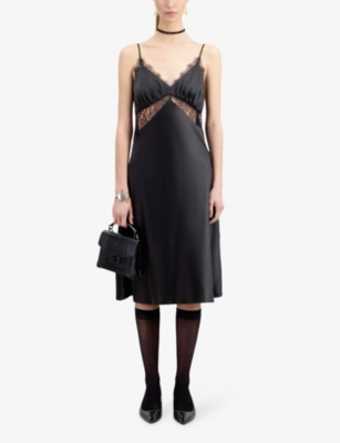 Shop The Kooples Women's Black Lace-trim V-neck Silk Midi Dress