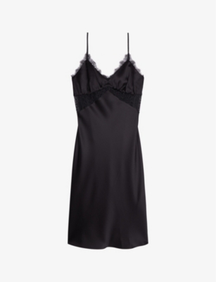 Shop The Kooples Womens Black Lace-trim V-neck Silk Midi Dress