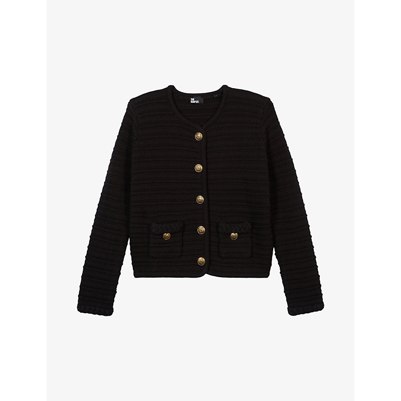 Shop The Kooples Women's Black Round-neck Long-sleeve Ribbed Knitted Cardigan