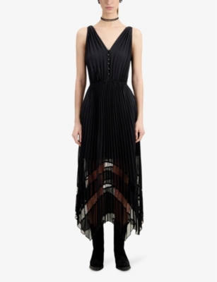Shop The Kooples Women's Black Lace-embroidered V-neck Pleated Woven Midi Dress