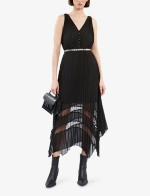 The Kooples Womens Black Lace-embroidered V-neck Pleated Woven Midi Dress In Black
